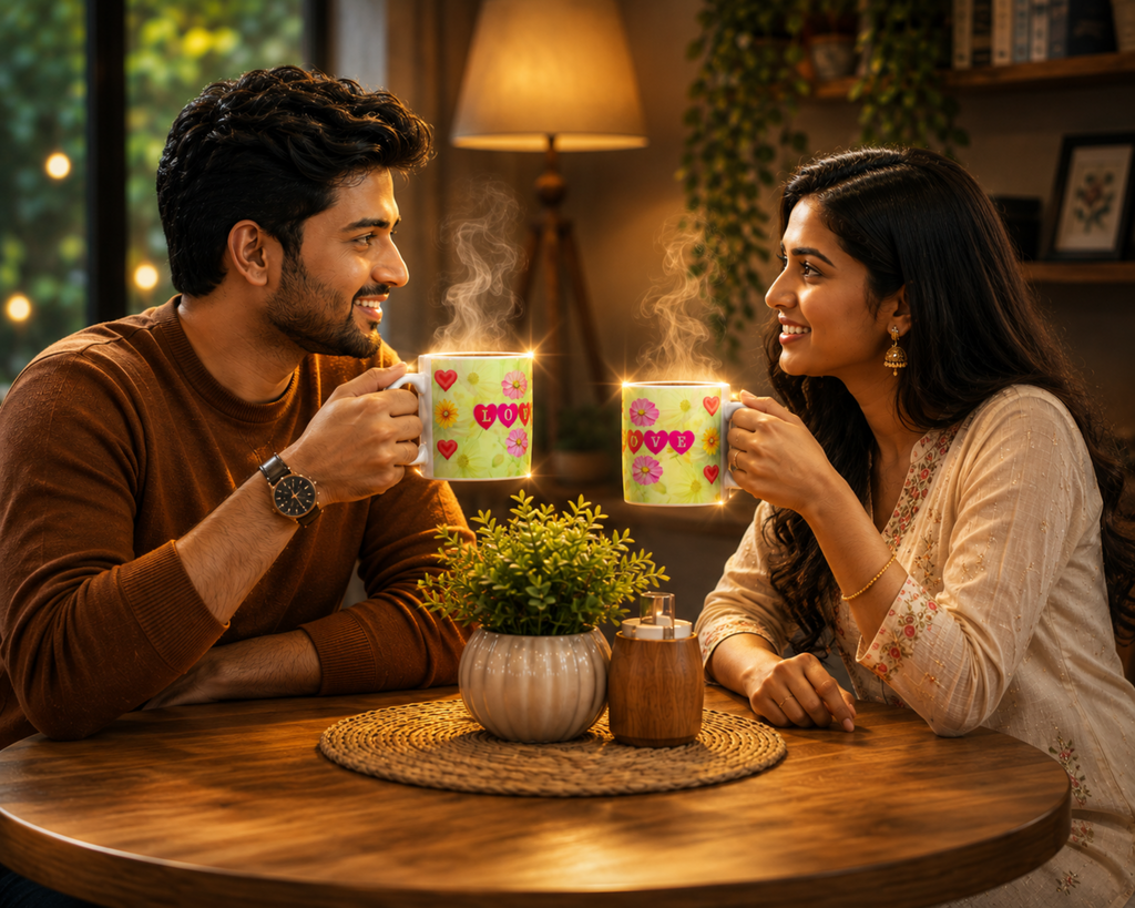 A man and a woman sitting at a wooden table, smiling and holding up two matching light green mugs decorated with pink hearts, in a warmly lit cozy room.